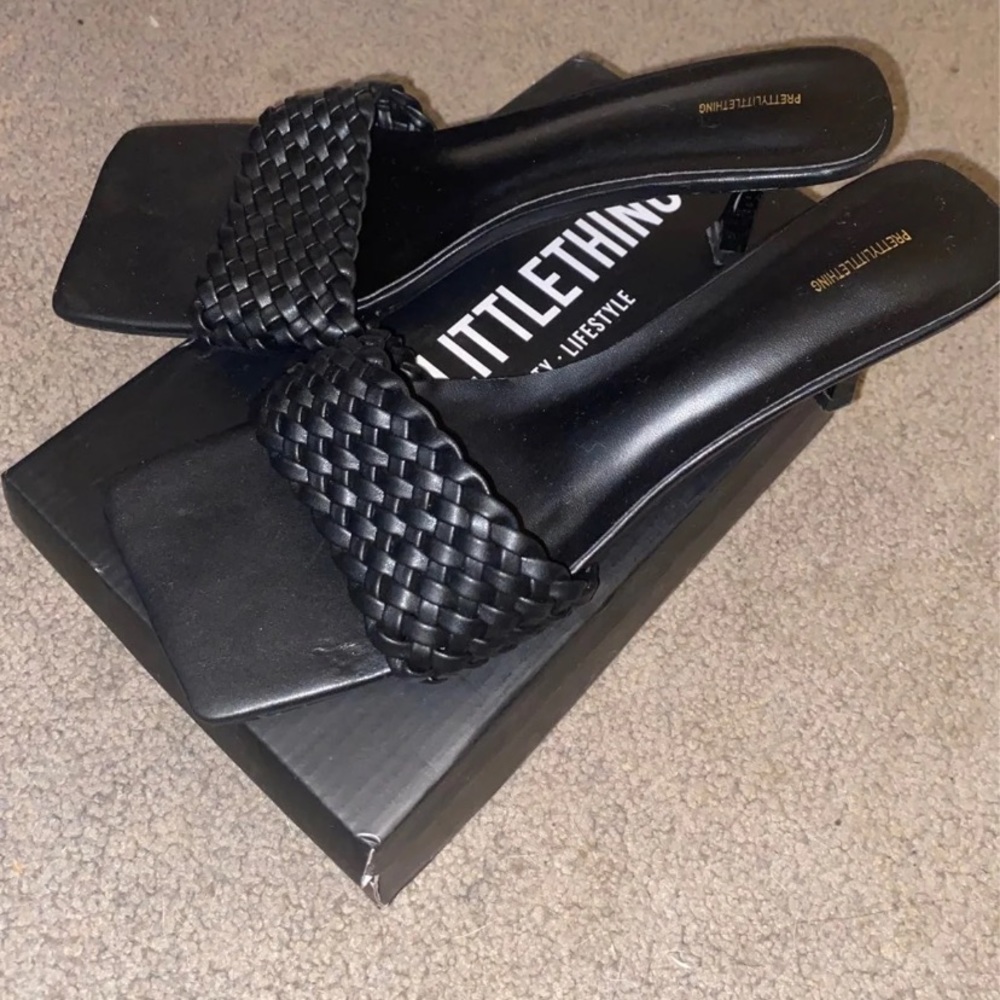 Woven Strap Square Toe Low Heel Mules
